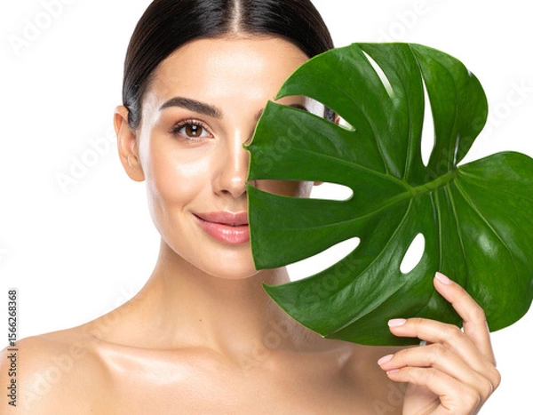 Obraz  Fresh-Faced Woman with Dewy Skin and Green Leaf Accent, isolated on transparent background.