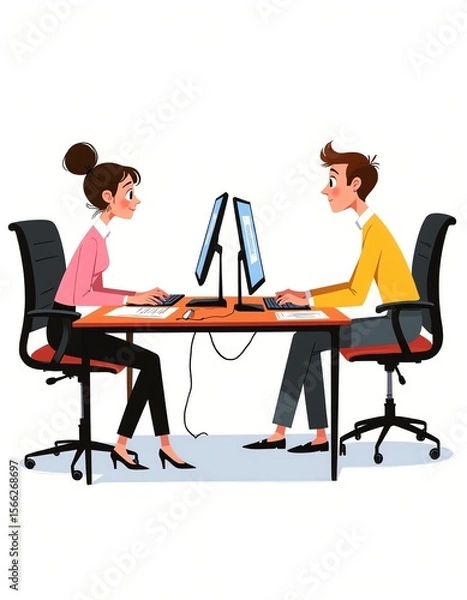 Fototapeta Flat style JPG illustration of two office workers sitting at desks and working on computers
