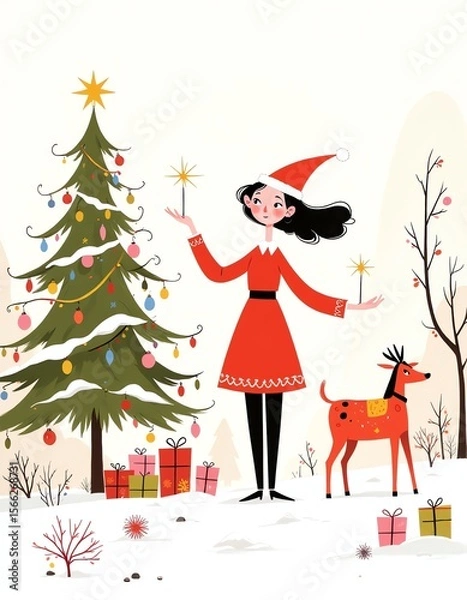 Fototapeta Flat style JPG illustration of a Christmas scene with a woman in a Santa outfit, decorated tree and gifts
