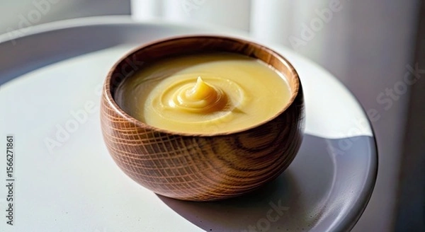 Fototapeta Natural Golden Balm in Rustic Wooden Bowl on Ceramic Tile