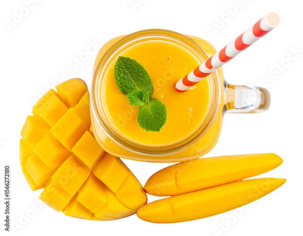Obraz  Homemade Mango Smoothie in Mason Jar with Straw and Mango Slices, isolated on transparent background.