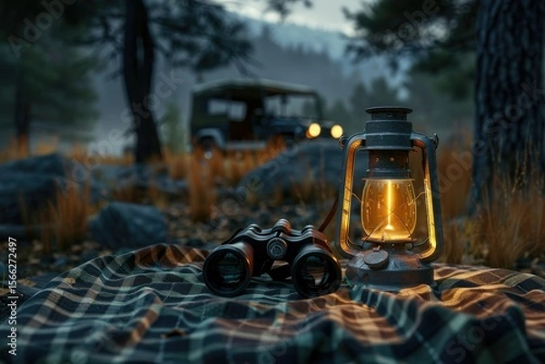 Fototapeta Oil Lamp and Binoculars Over Camping Table in the Forest with Offroad Vehicle in the Background