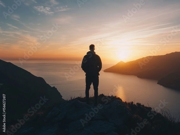 Fototapeta ultra quality picture of overlooking view of a silhouette of mountains in the sea during sunset