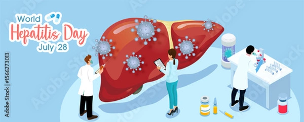 Fototapeta Concept of hepatitis A, B, C, D, and world hepatitis day campaign's poster with doctors treat the liver in cartoon character and flat banner style with vector design.