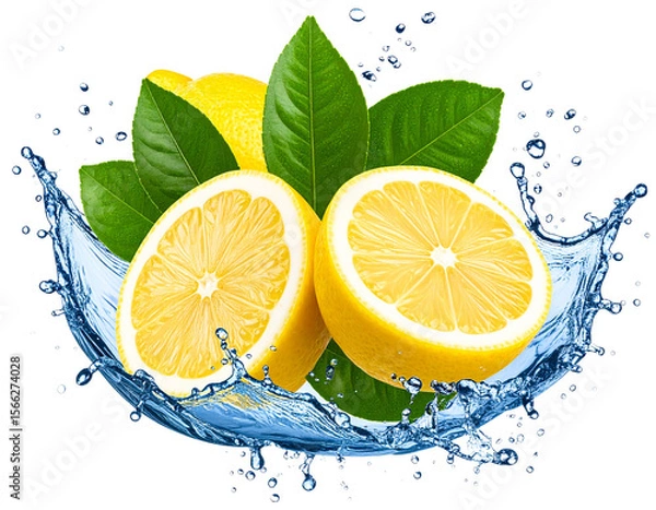 Obraz Half-Sliced Lemons and Green Leaves Dropping into Water with Big Splash, isolated on transparent background.