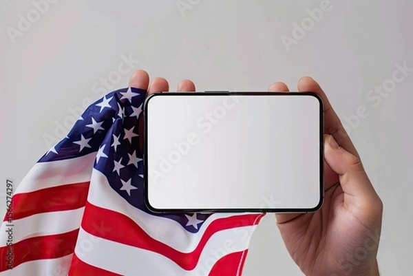 Fototapeta High Definition Image of Unrecognizable Woman Holding American Flag and Mobile Phone