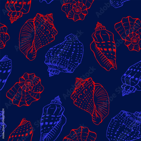 Fototapeta Seamless pattern with seashells. Hand drawn vector illustration.