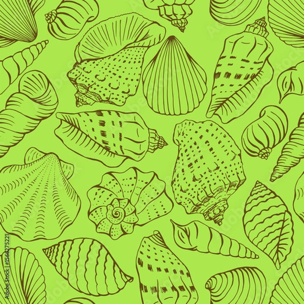 Fototapeta Seamless pattern with seashells. Hand drawn vector illustration.