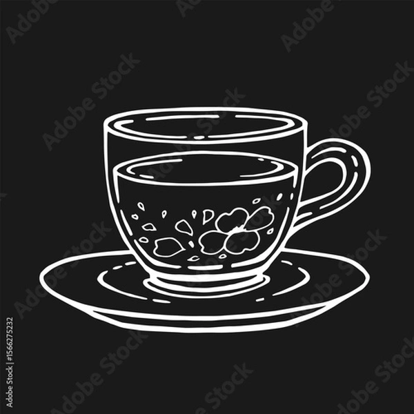 Obraz Glass cup of tea, jasmine. Hand drawn vector illustration in outline style.