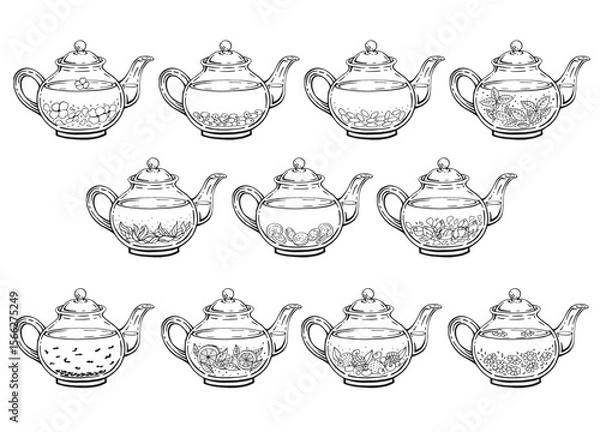 Obraz Set with teapot. Medicinal tea. Hand drawn vector illustration.