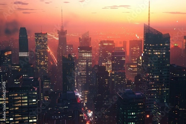 Fototapeta High Resolution Visual of City Skyline with Sunset Hues and Office Lights