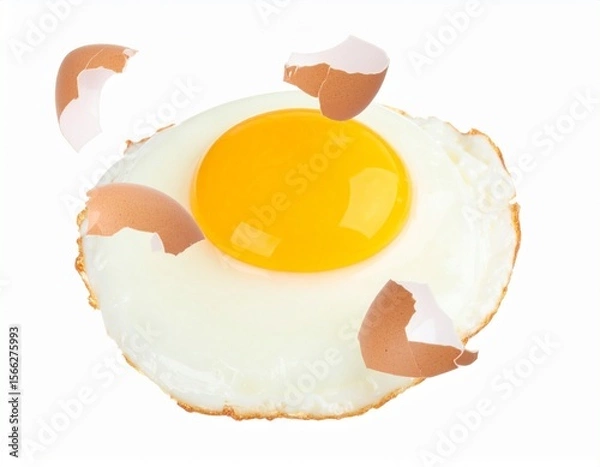Fototapeta Floating Fried Egg with Yolk and Shell Fragments isolated on white 
