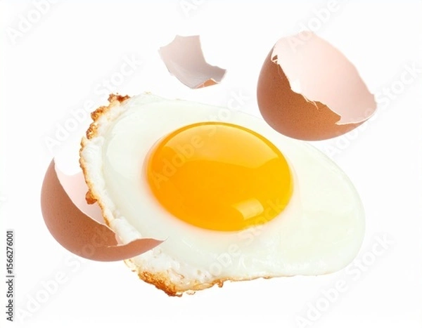 Fototapeta Floating Fried Egg with Yolk and Shell Fragments isolated on white background
