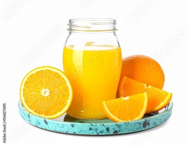 Fototapeta Glass Jar of Yellow Liquid on Teal Terrazzo Plate with Oranges isolated on white background
