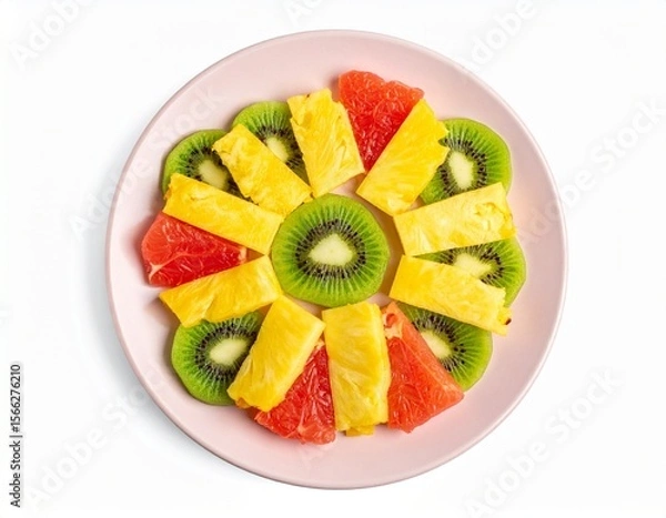 Fototapeta Colorful Sliced Fruits pineapple kiwi on Pastel Plate Flatlay isolated on white background
