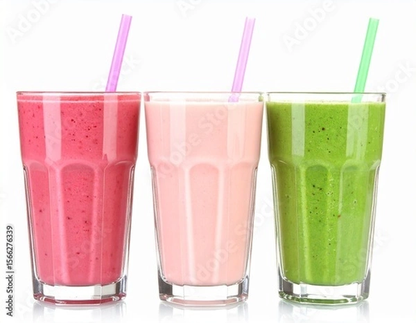 Fototapeta Three different Smoothies in Glasses with Straws isolated on white background
