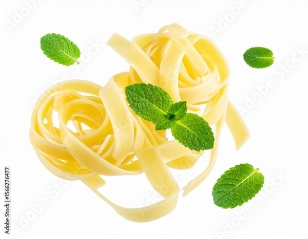 Fototapeta Floating Cooked Pasta Strands with Fresh Mint isolated on white 

