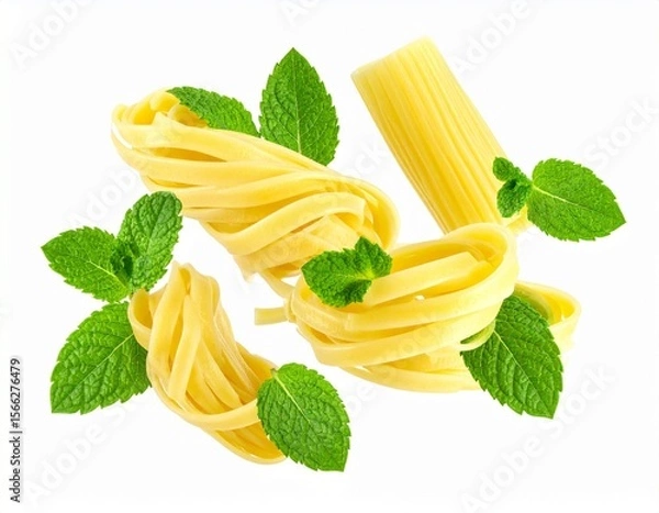 Fototapeta Floating Cooked Pasta Strands with Fresh Mint isolated on white background
