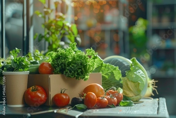 Fototapeta Clear Pixel Image of Healthy Fresh Vegetables in Biodegradable Packaging for Online Delivery