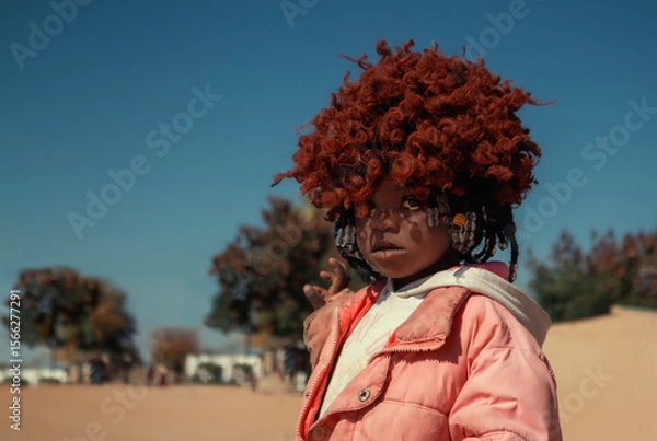 Fototapeta A young African girl with dark skin, wearing a vibrant orange wig and pink jacket. A real moment of playful expression, captured in natural light. Perfect for diversity, childhood, and lifestyle theme