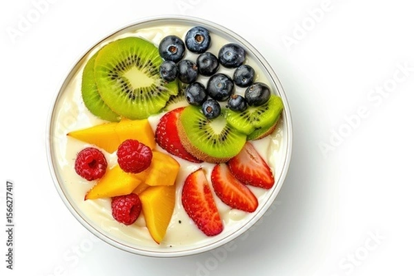 Fototapeta Top View of a Creamy Coconut Pudding Topped with Tropical Fruits Isolated on White Background