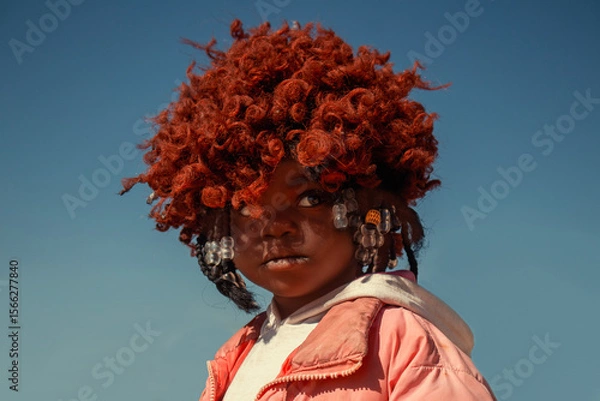 Fototapeta A young African girl with dark skin, wearing a vibrant orange wig and pink jacket. A real moment of playful expression, captured in natural light. Perfect for diversity, childhood, and lifestyle theme