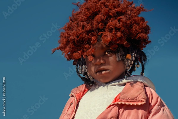 Fototapeta A young African girl with dark skin, wearing a vibrant orange wig and pink jacket. A real moment of playful expression, captured in natural light. Perfect for diversity, childhood, and lifestyle theme