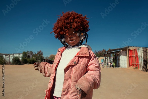 Fototapeta A young African girl with dark skin, wearing a vibrant orange wig and pink jacket. A real moment of playful expression, captured in natural light. Perfect for diversity, childhood, and lifestyle theme