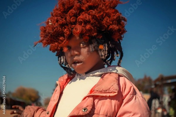 Fototapeta A young African girl with dark skin, wearing a vibrant orange wig and pink jacket. A real moment of playful expression, captured in natural light. Perfect for diversity, childhood, and lifestyle theme