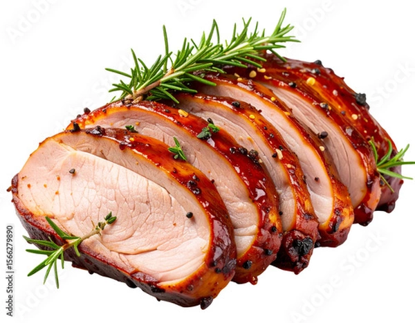 Obraz  Juicy Whiskey-Glazed Pork Tenderloin Slices with Herbs, isolated on transparent background.