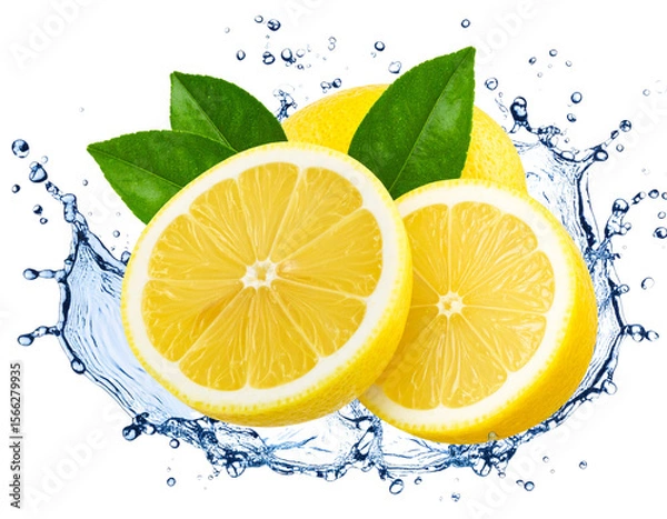 Obraz Lemons with Leaves in a  Water Splash, isolated on transparent background.