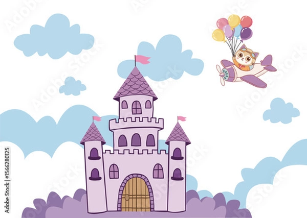 Obraz  purple castle illustration and A cute kitten above is flying on a plane