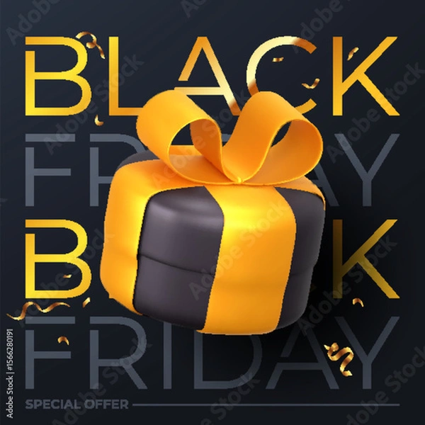 Fototapeta Black Friday banner design with 3D gift icons. Isolated vector illustration for promotion and advertising.
