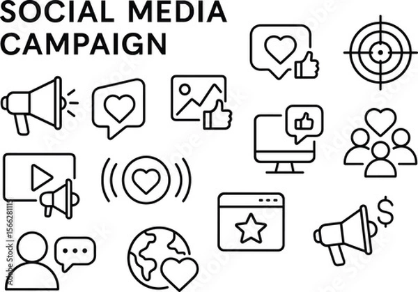 Fototapeta Social Media Campaign Icons Set Outline Style for Digital Marketing, Advertising, and Online Communication