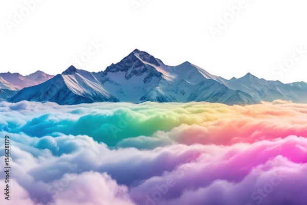 Fototapeta Snowy mountains over colorful clouds isolated on transparent background