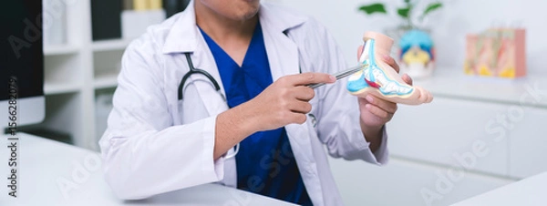 Fototapeta The doctor in orthopedics held a detailed and consultation at the hospital, guiding the patient through joint and tendon injury treatment for a smooth recovery process.