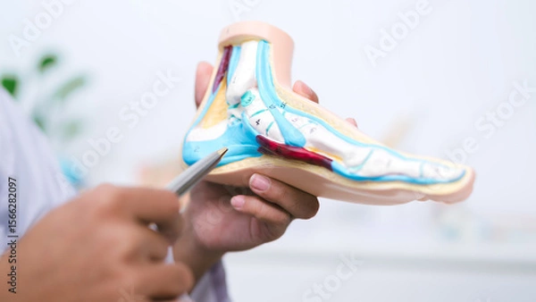Fototapeta The doctor in orthopedics held a detailed and consultation at the hospital, guiding the patient through joint and tendon injury treatment for a smooth recovery process.