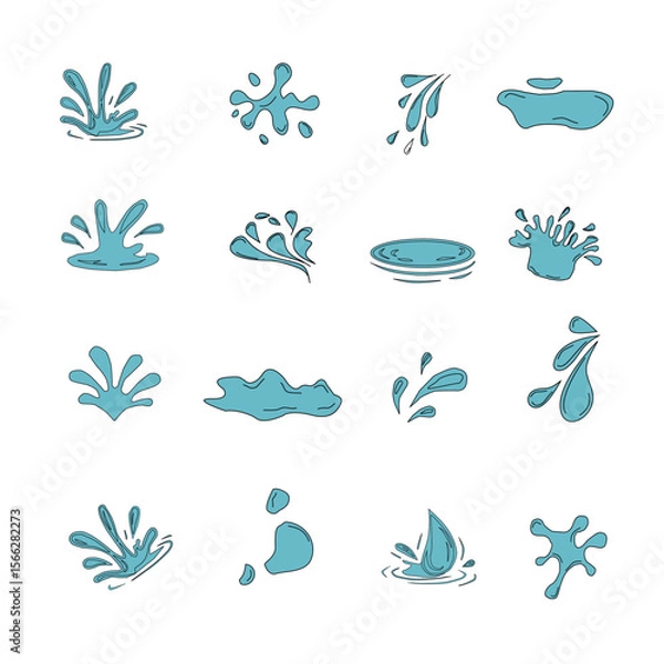 Fototapeta Water Drop and Splash Vector Set. Hand drawn waterdrop illustration. Set of versatile water splash vector illustrations. Flat vector set of clean blue water drops and splash illustrations..
