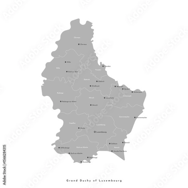 Fototapeta Vector isolated illustration. Simplified administrative map of Luxembourg included names of cities and regions. White background, grey shape of map