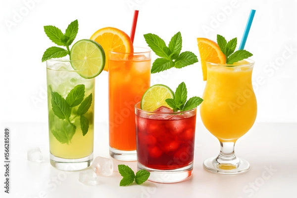 Fototapeta Refreshing summer cocktails drinks with orange lime and mint on white background