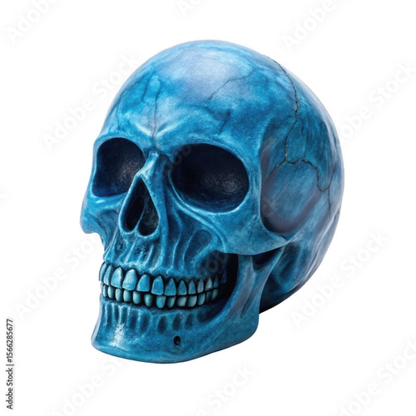 Fototapeta A haunting blue skull with sharp fangs, painted in a striking detail on transparent 