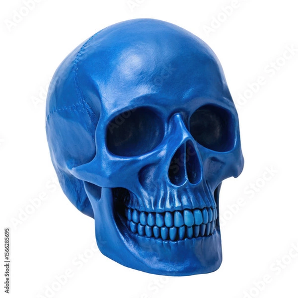 Fototapeta A haunting blue skull with sharp fangs, painted in a striking detail on transparent 