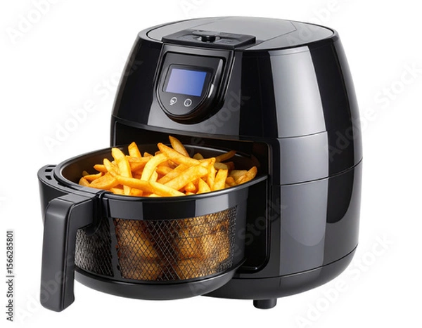 Obraz  Modern Black Air Fryer with Open Basket, isolated on transparent background.
