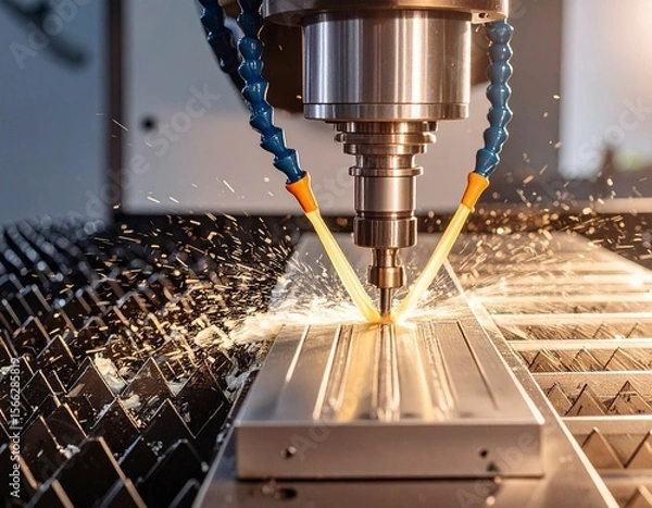 Fototapeta CNC milling machine processing on steel with cooling