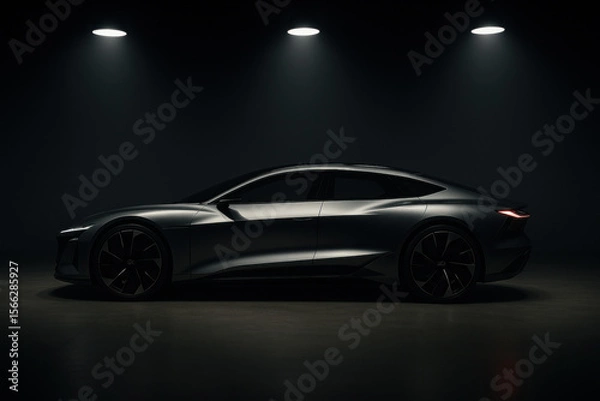 Obraz Modern electric car illuminated by spotlights in a dark studio