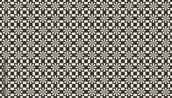 Fototapeta Monochrome seamless pattern featuring symmetrical floral shapes in a checkered grid layout, creating a clean and elegant black-and-white design