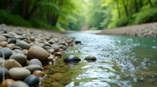 Fototapeta A high-resolution photo of smooth pebbles arranged naturally along the edge of a clear stream, water gently flowing and reflecting nearby greenery -