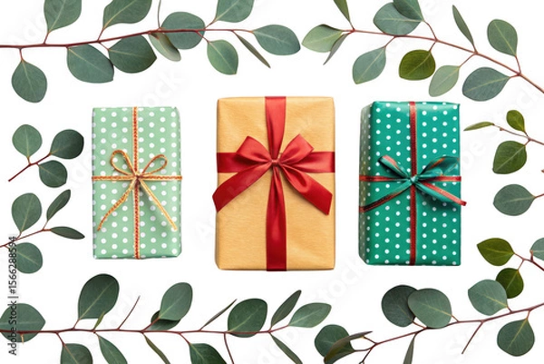 Fototapeta Wrapped gifts with eucalyptus branches isolated on transparent background