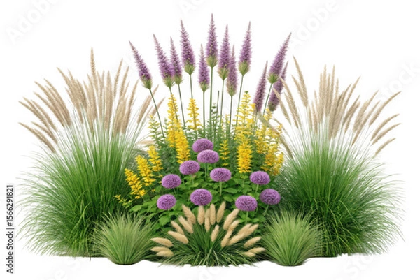 Fototapeta Ornamental garden with purple and yellow flowers isolated on transparent background