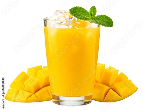 Obraz Tall Glass of Fresh Homemade Mango Juice with Ice and Mint, isolated on transparent background.